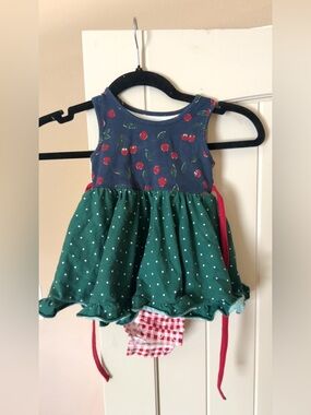 SweetHoney Navy Skirted Romped with Red Cherry Print and Green Polka Dot Skirt